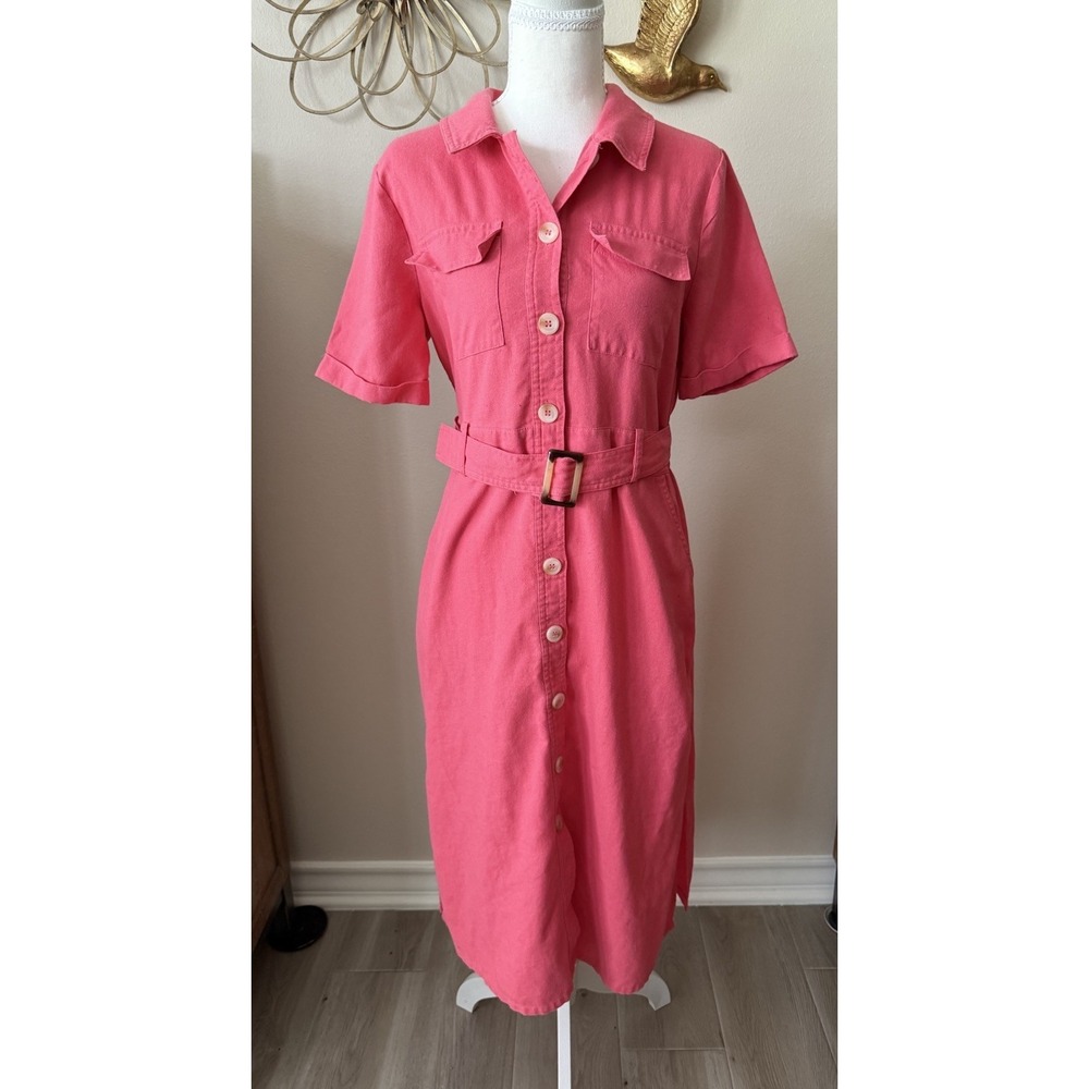 Melloday Shirt Dress Womens Small Pink Belted Button Front Midi Linen Blend